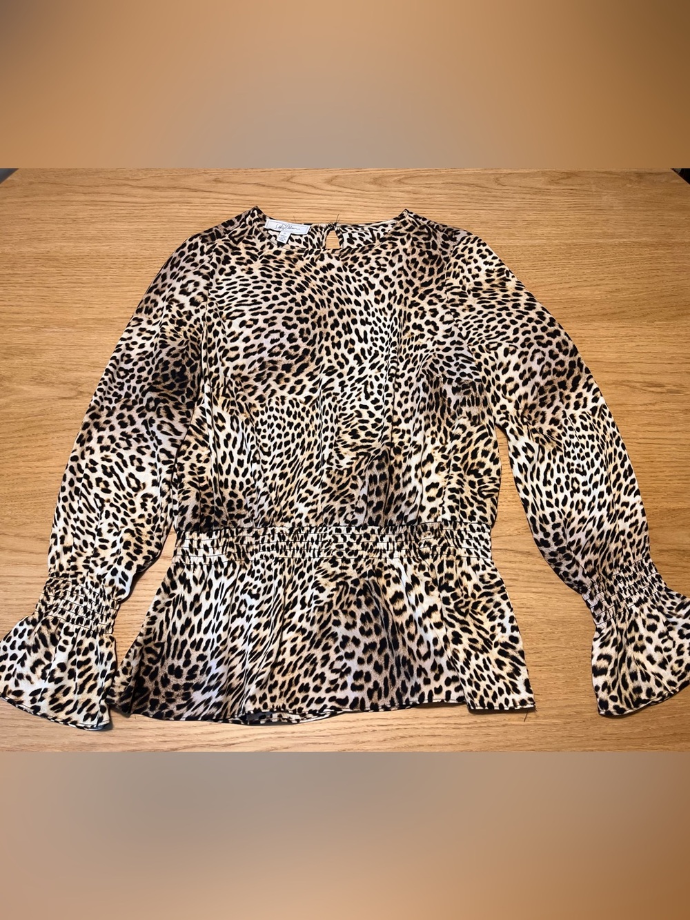 libby. edelman Leopard-Print long sleeved ruched Peplum Top - Tan & Black